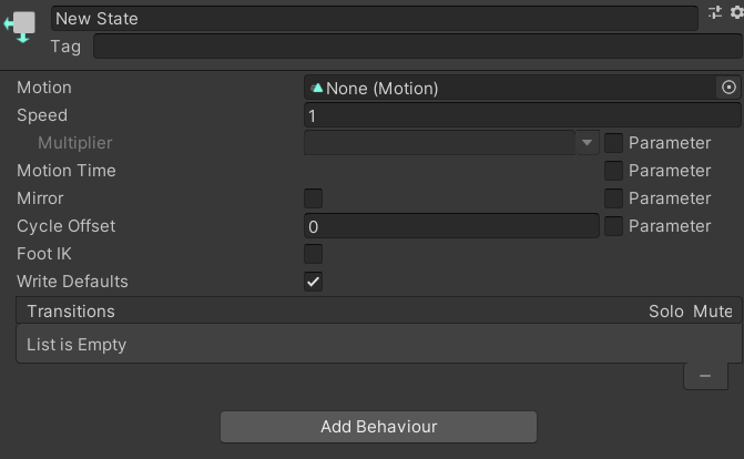 A default Animator State’s Inspector